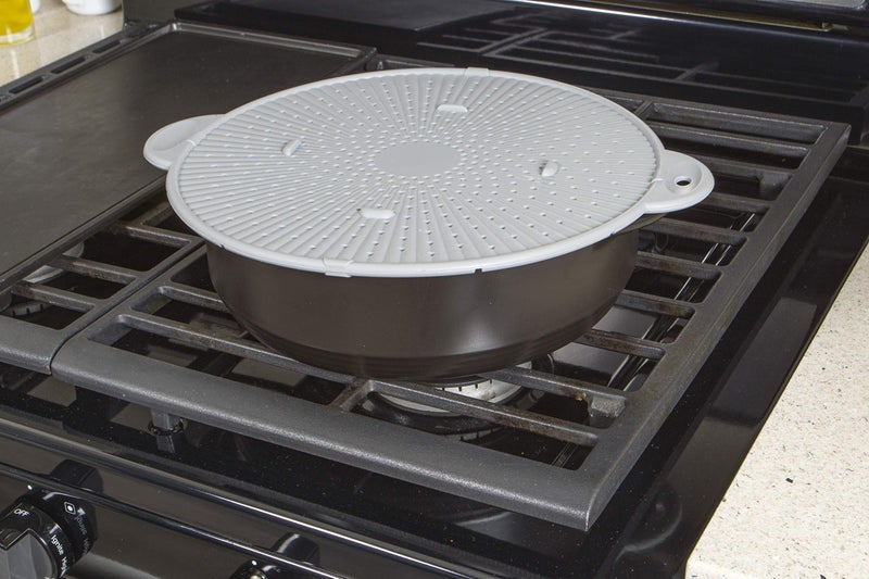 Simply Served Silicone Splatter Screen, Multi-Use Kitchen Tool, Protect Stovetop and Counters, 3-in-1 Silicone Kitchen Trivet, Splatter Screen, and Colander Lid, Gray - Image 4